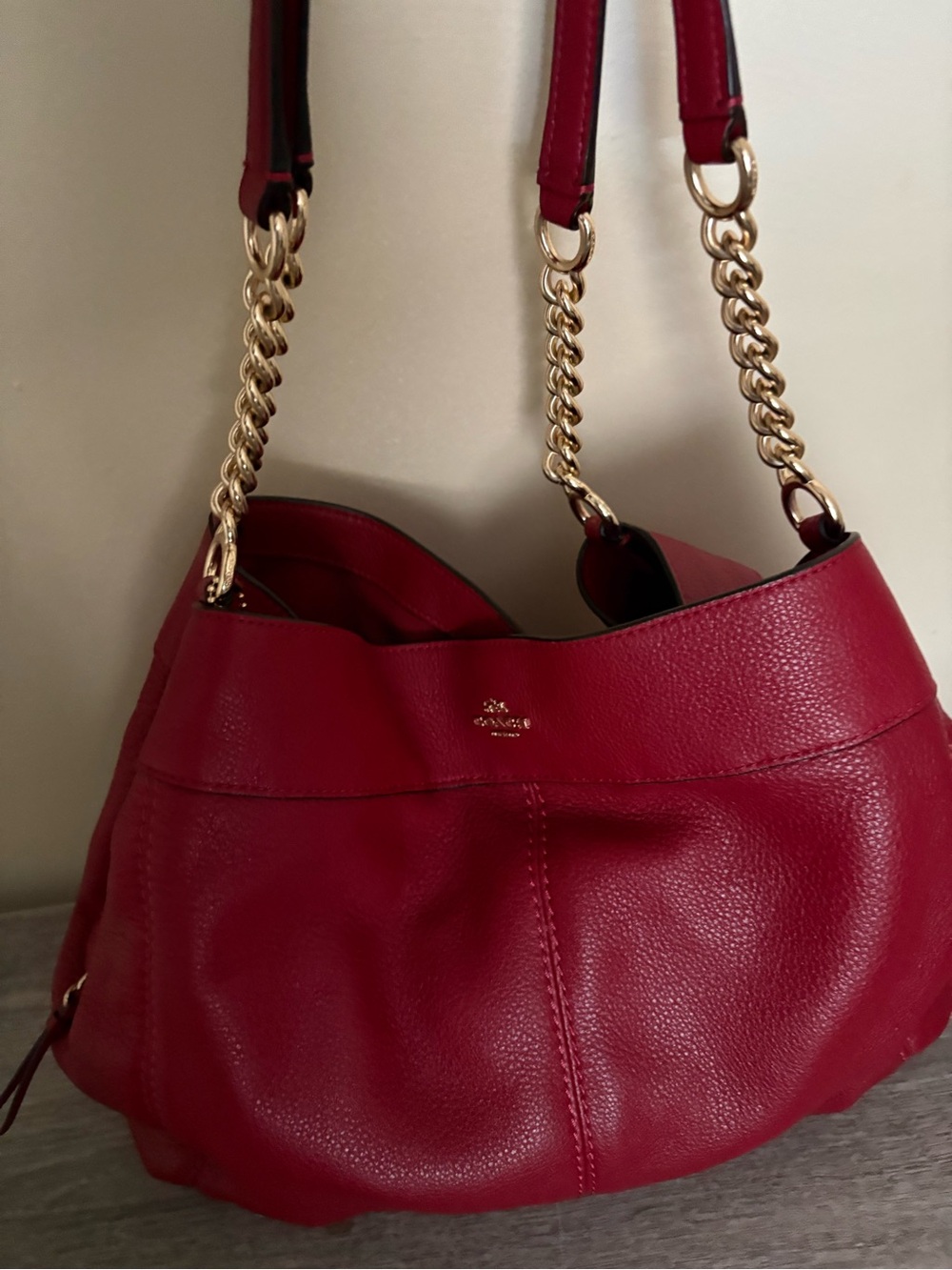 Coach Red Pebbled Leather Shoulder Bag with Gold Chain Straps